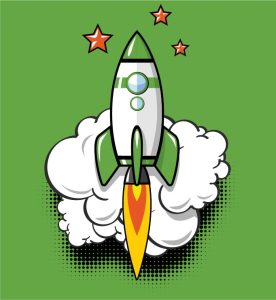 Cartoon graphic of Rocket ship with flames coming out with green background and stars circling the ship with clouds in the background